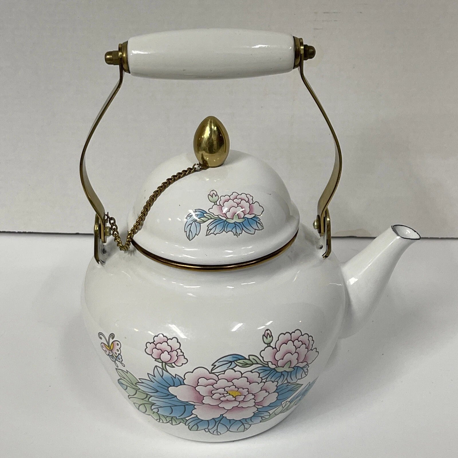 Vintage Tea Kettle Pot Enamel Porcelain Poppies National Housewares 1988 Brass