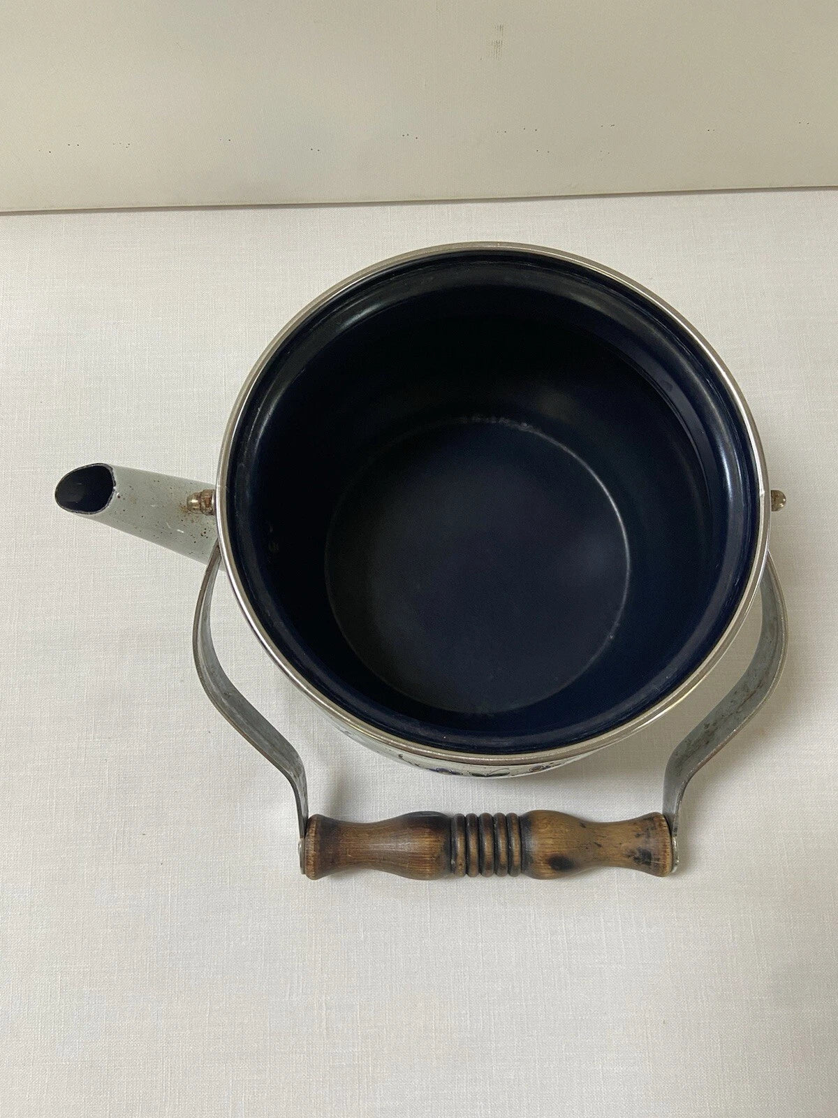 Vtg ASTA Enamel Cookware Tea Pot Kettle Wood Handle Blue Green Floral Speckled | eBay