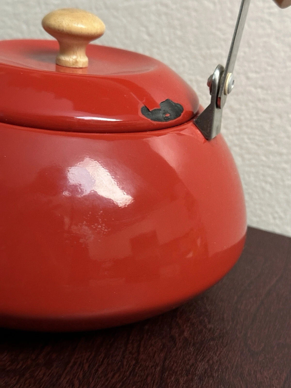 Vintage Mid Century Scandinavian Danish Red Enamel Tea Kettle Teapot Wood Handle