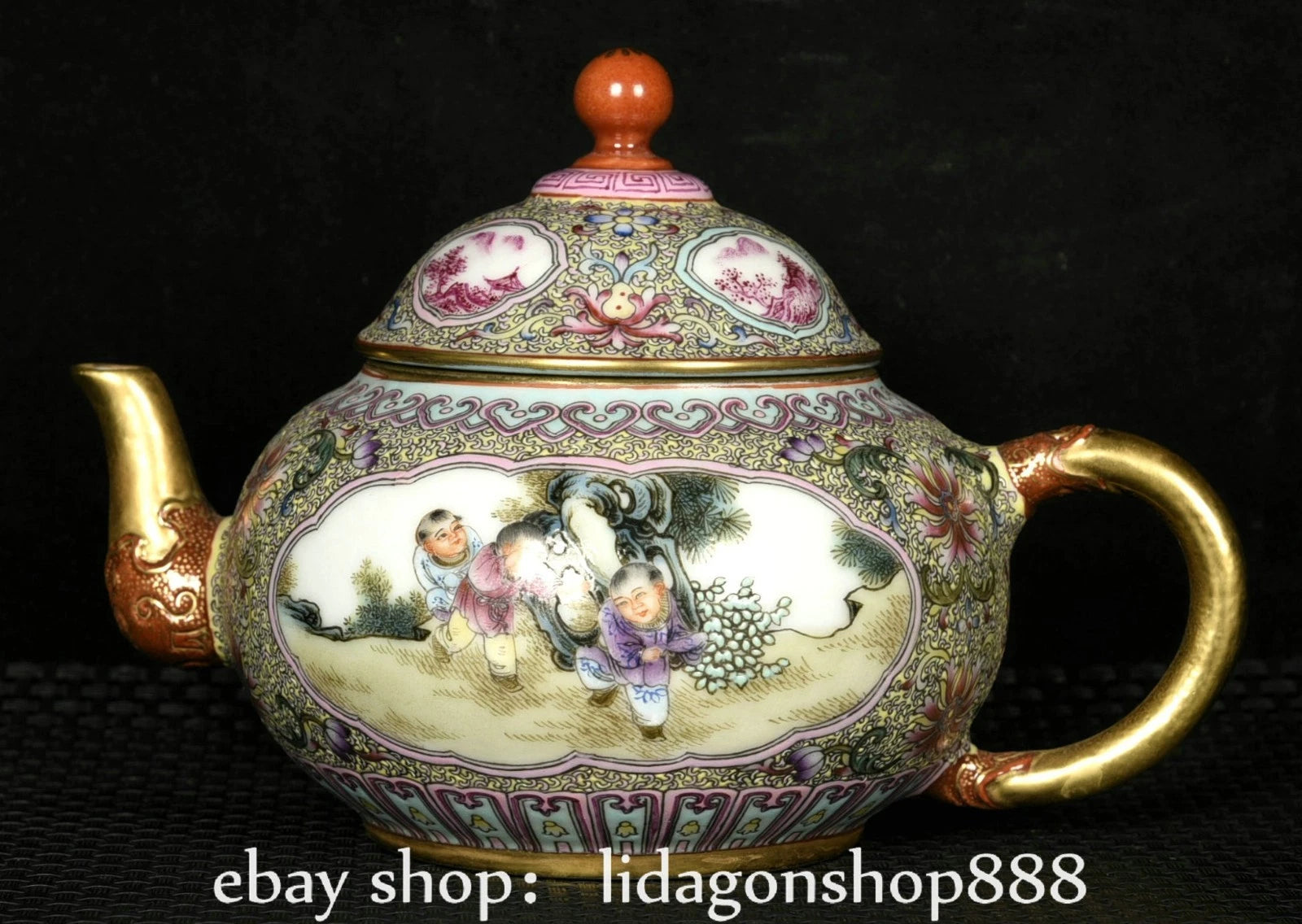 6.8"Qianlong Marked Enamel Porcelain Gilt Flower Human Child Pattern Wine Teapot