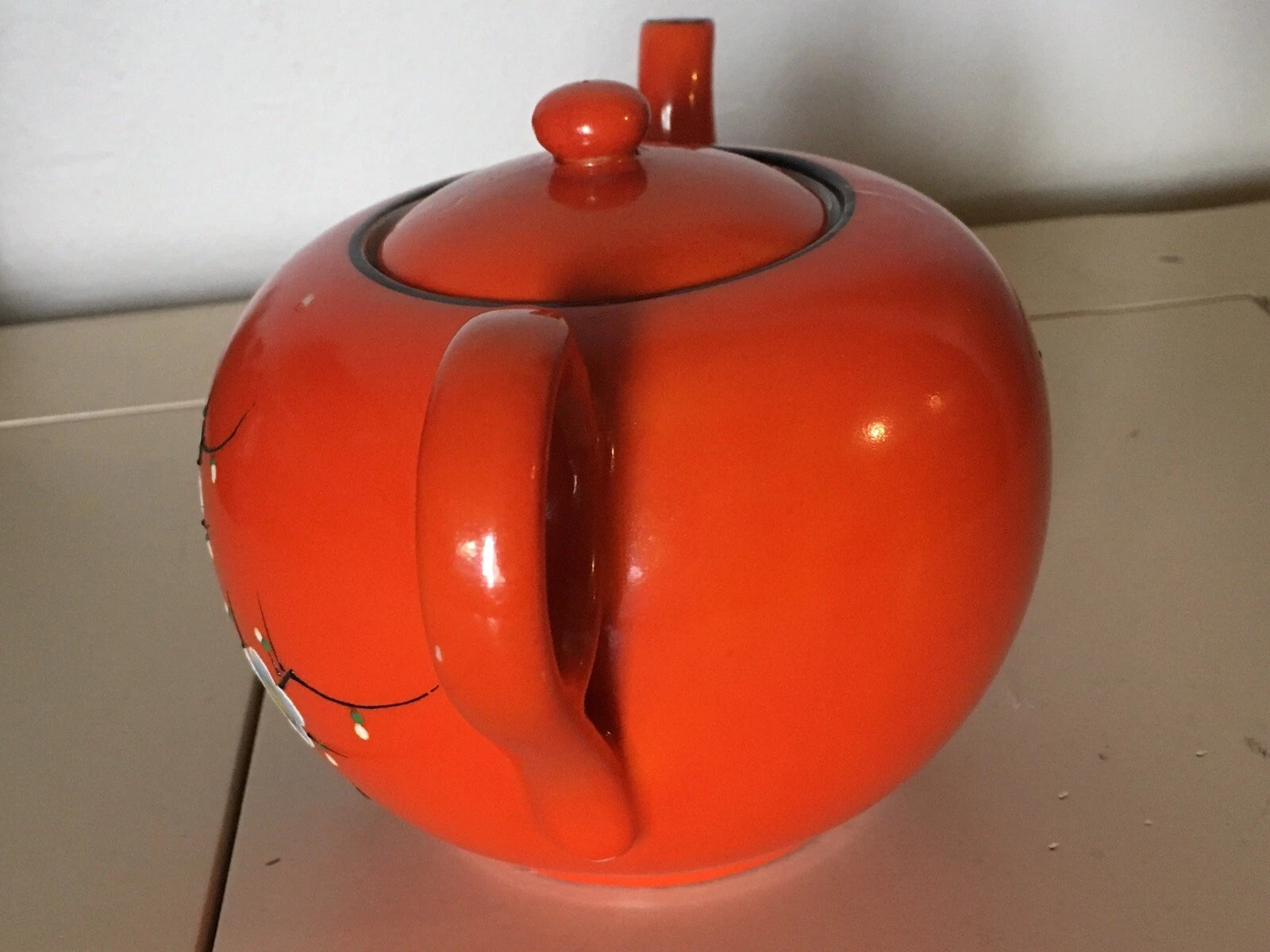 Vintage Bright Orange Enamel Floral Porcelain Japan Tea Pot Hand Painted
