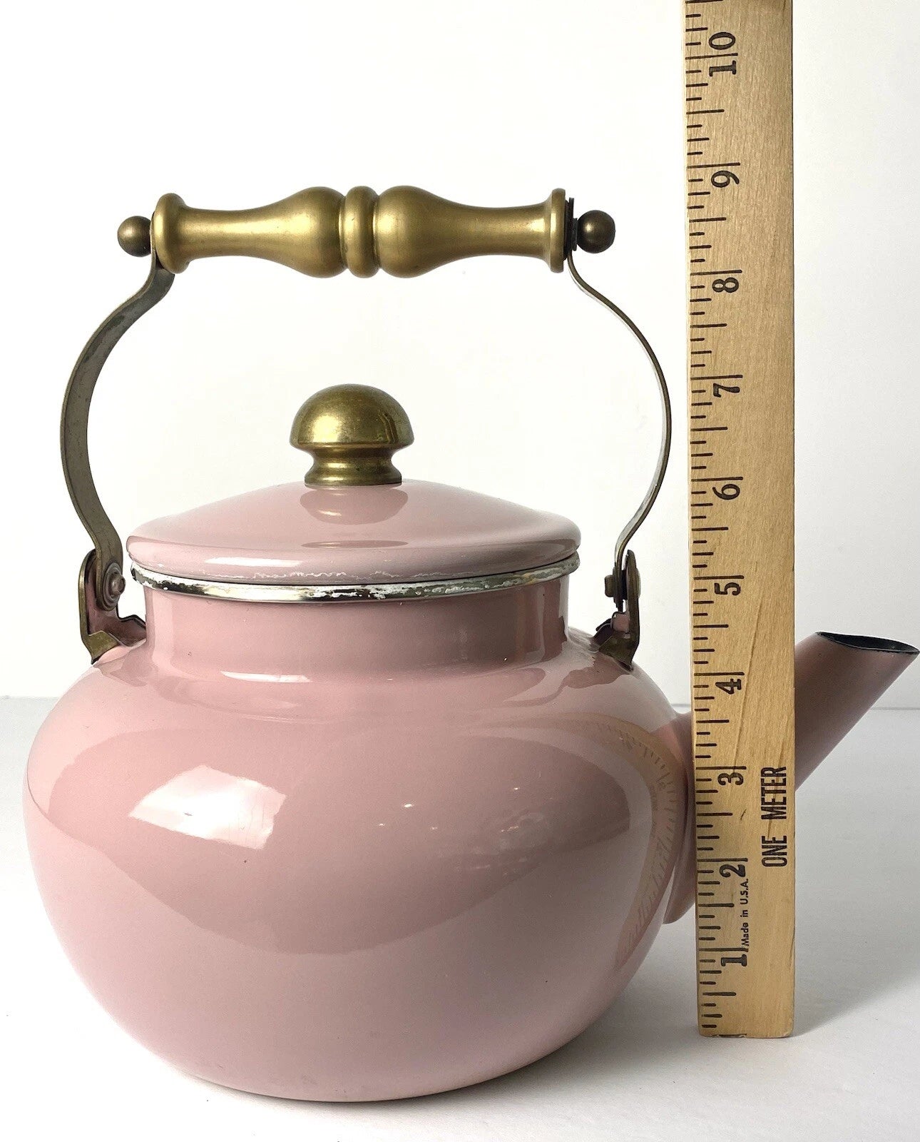 Vintage Tea Kettle Pot Pink Enamel Brass Handle Cottagecore Farmhouse Decor 2 Qt | eBay