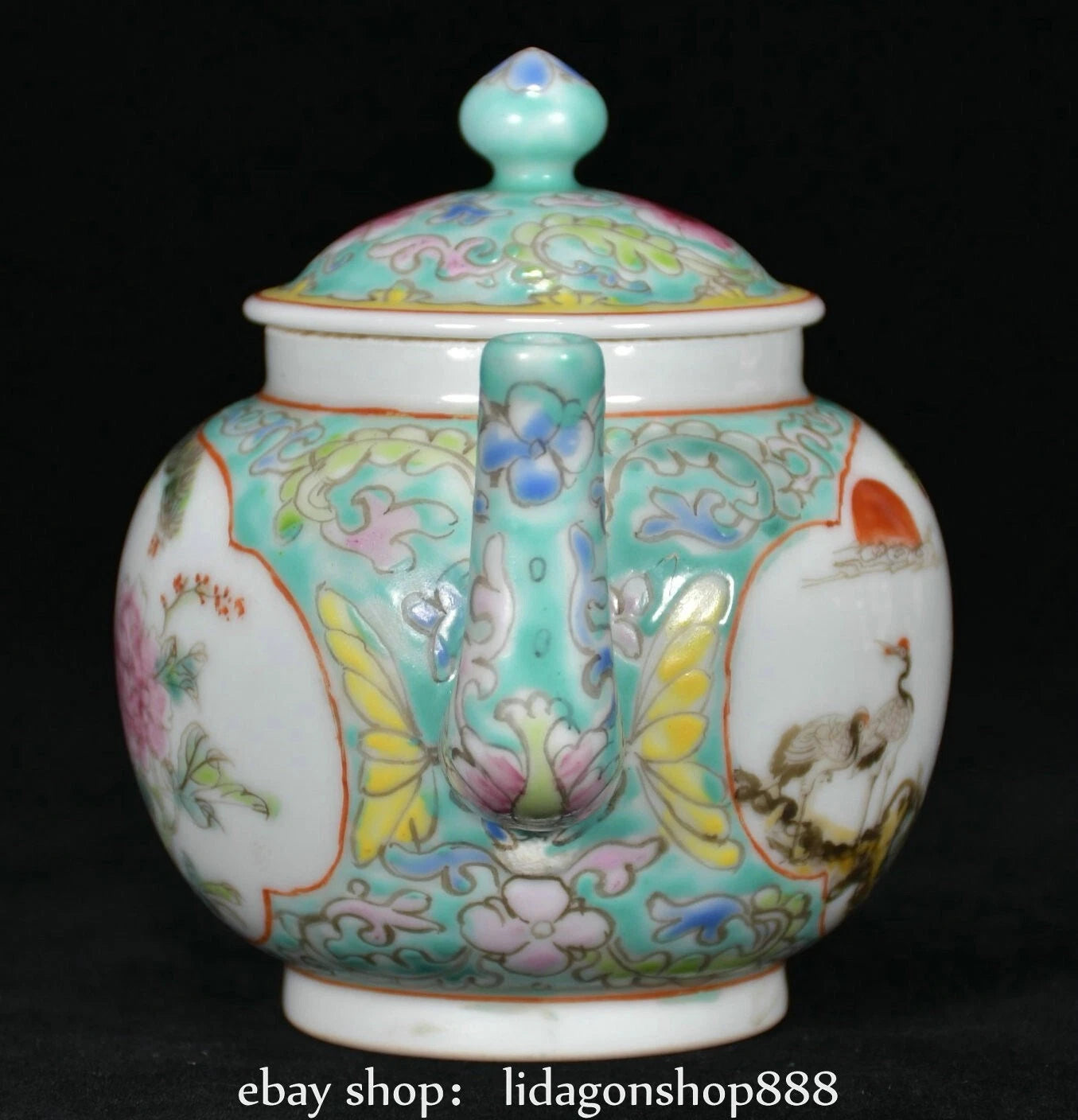 6.8" Jiagqing Marked Enamel Porcelain Pine Tree Crane Flower Pattern Wine Teapot