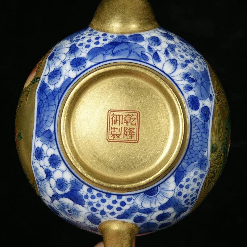 5.5" Antique dynasty Porcelain qianlong mark colour enamels flowers bird Teapot