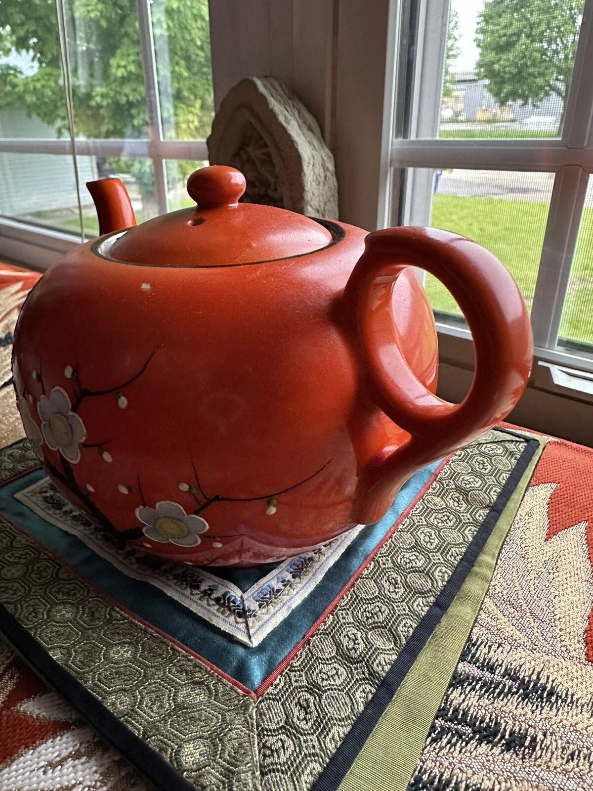 Vintage Bright Orange Enamel Floral Porcelain Japan Tea Pot Hand Painted