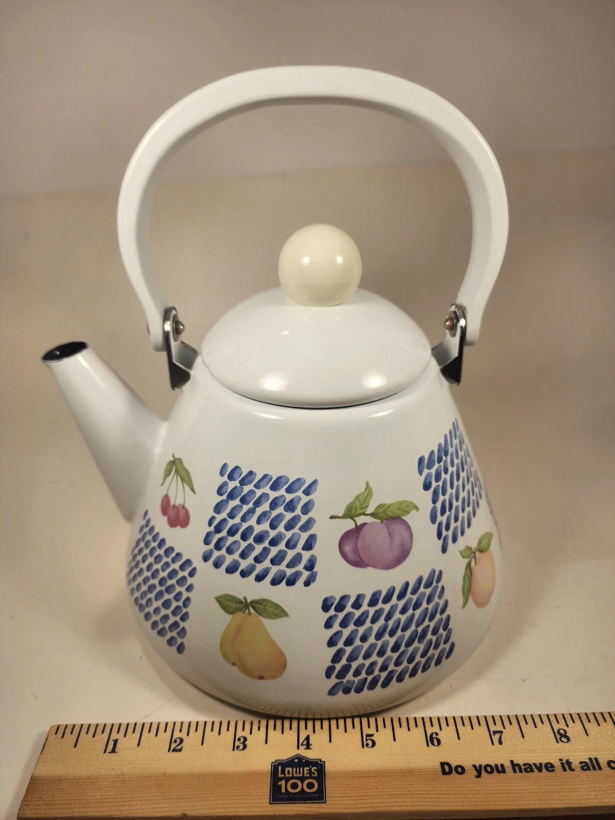 White Enamel Teapot Fruit Pear Cherries Plum Peach Blue 2 Qt Decorative Tea Pot