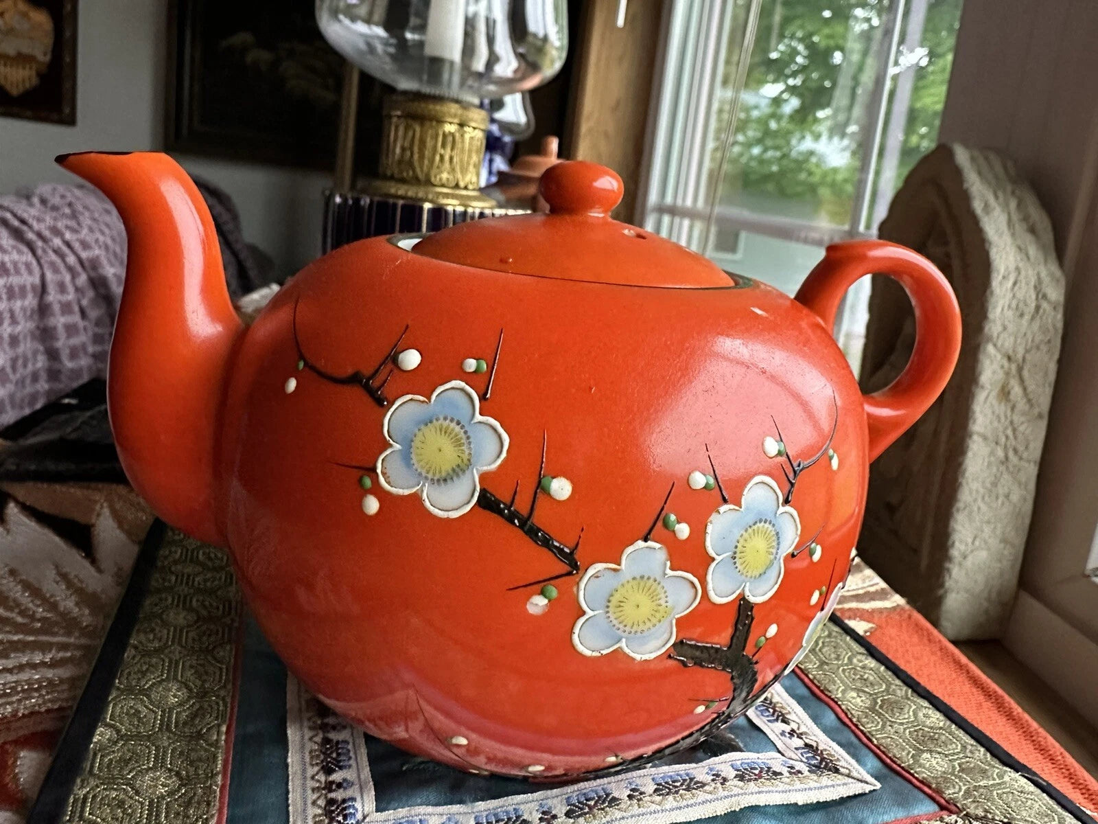 Vintage Bright Orange Enamel Floral Porcelain Japan Tea Pot Hand Painted