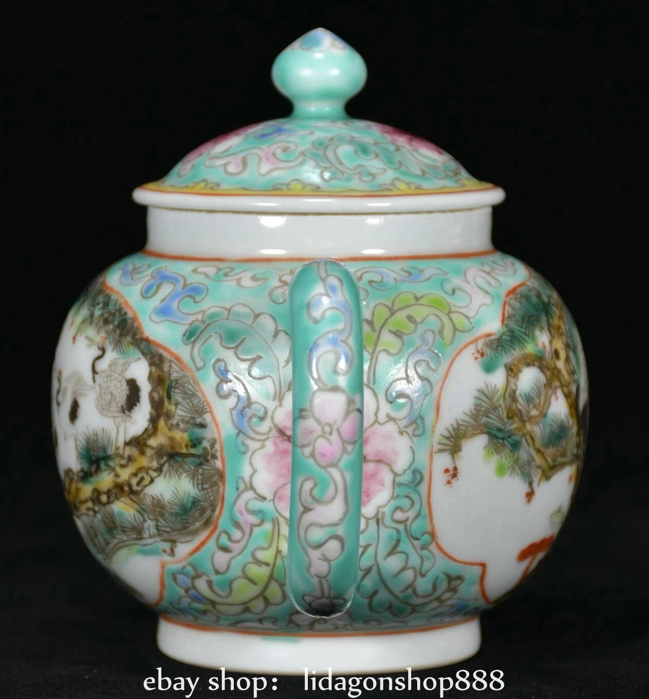 6.8" Jiagqing Marked Enamel Porcelain Pine Tree Crane Flower Pattern Wine Teapot