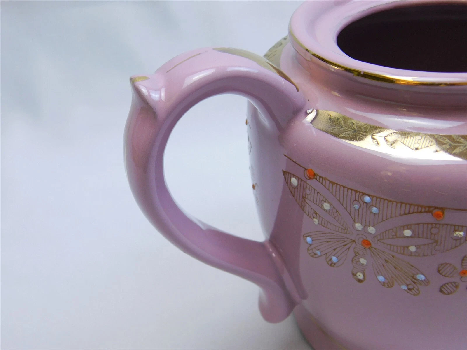 Vtg Pink Gold Glazed REDWARE Teapot Butterfly Enamel Moriage Hand Painted 7"