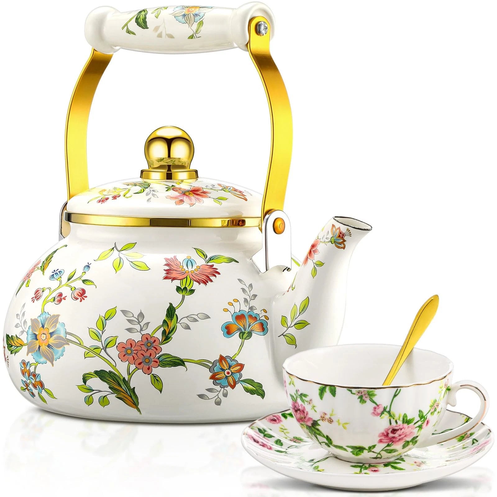 2.6 Quart Vintage Enamel Tea Kettle, Cups and Saucers Set with Spoon, Vintage...