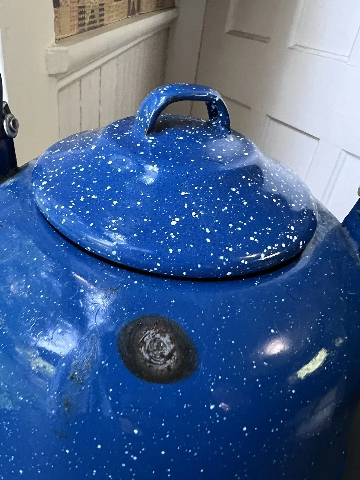 VTG Blue Enamel Teapot Kettle White Speckles Camping Outdoor Handle 8.25" Patina | eBay