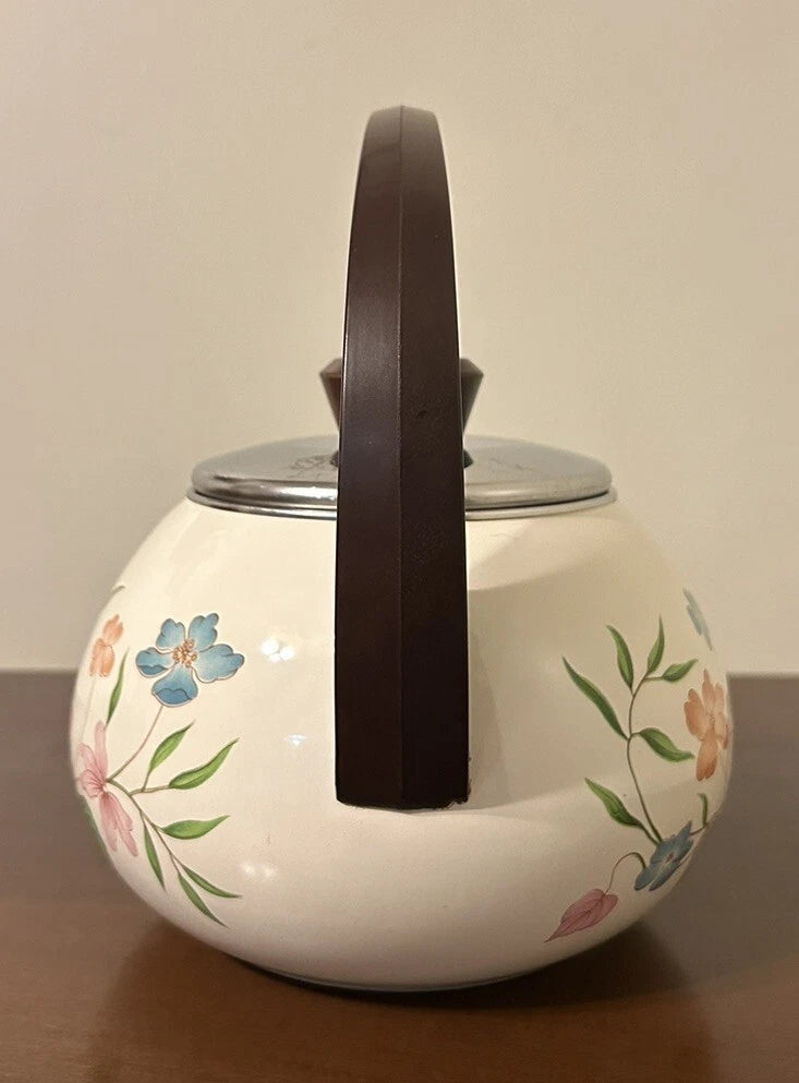 Vintage Enamelware Teapot Stovetop Whistling Kettle 2 Qt White Floral Tea Pot