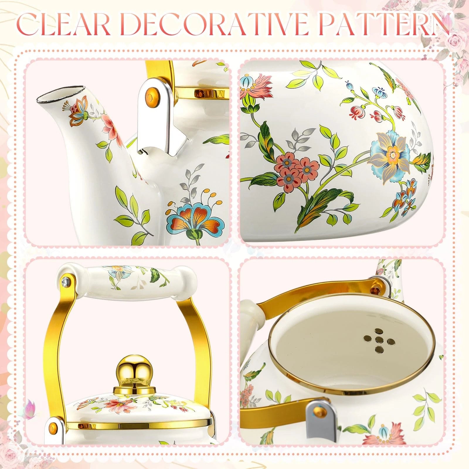 2.6 Quart Vintage Enamel Tea Kettle, Cups and Saucers Set with Spoon, Vintage...