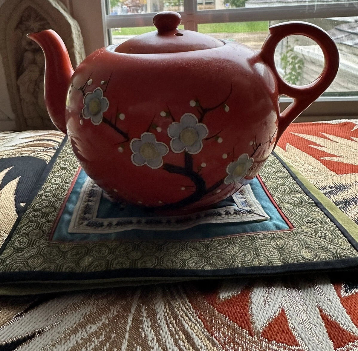 Vintage Bright Orange Enamel Floral Porcelain Japan Tea Pot Hand Painted