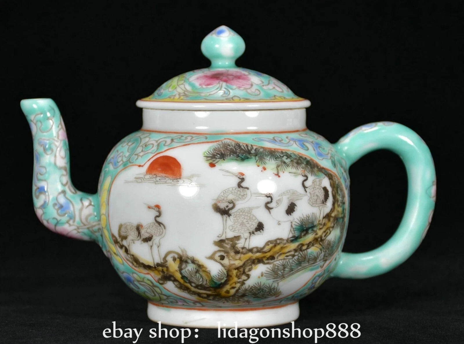 6.8" Jiagqing Marked Enamel Porcelain Pine Tree Crane Flower Pattern Wine Teapot