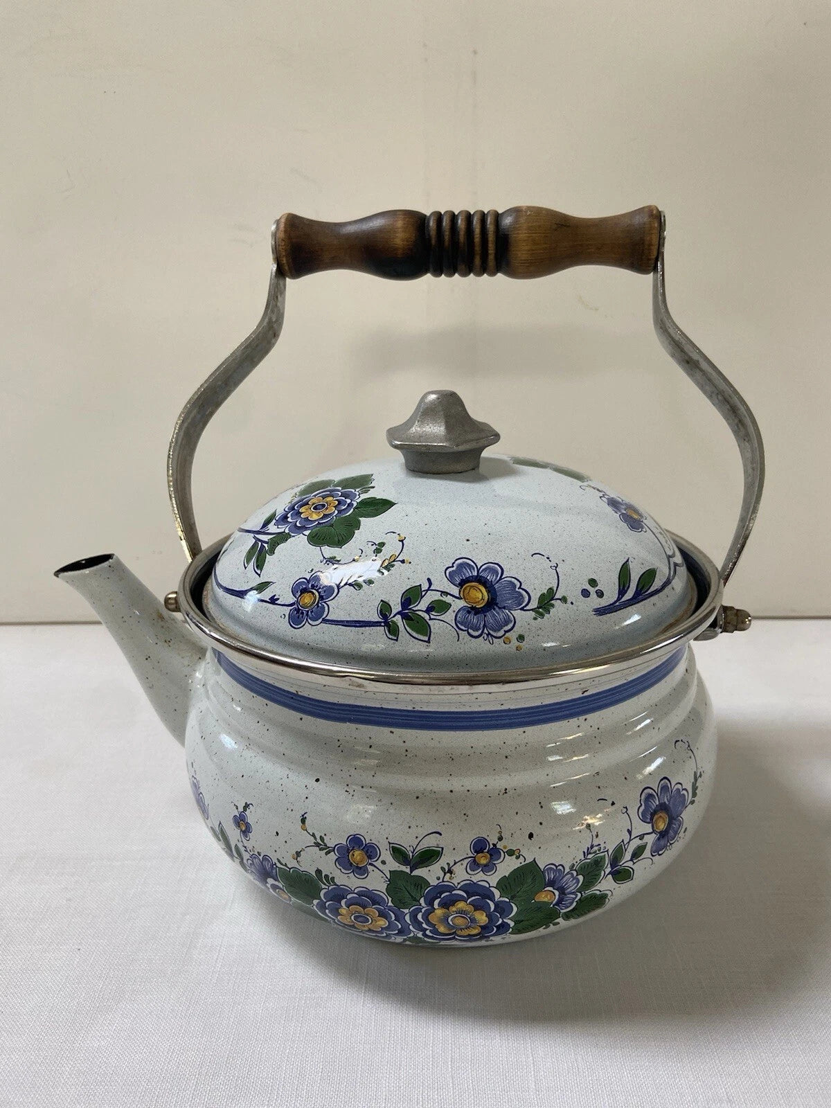 Vtg ASTA Enamel Cookware Tea Pot Kettle Wood Handle Blue Green Floral Speckled | eBay