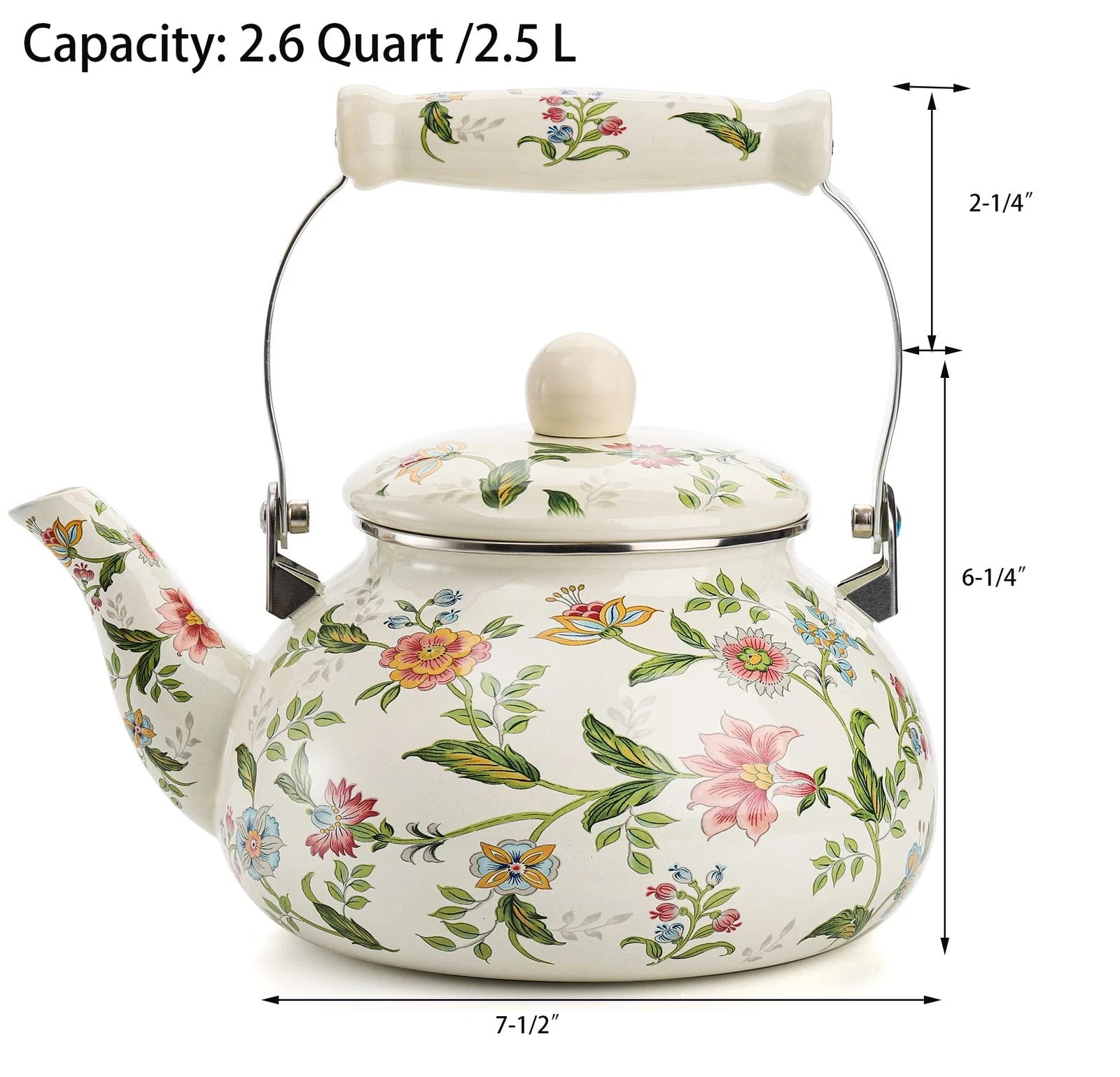 2.6 Quart Vintage Enamel Tea Kettle, Green Floral Enamel on Steel Teapot with... | eBay