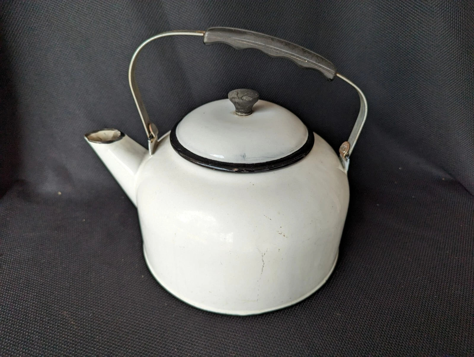 Antique Enamelware White Tea Pot Coffee Kettle Porcelain