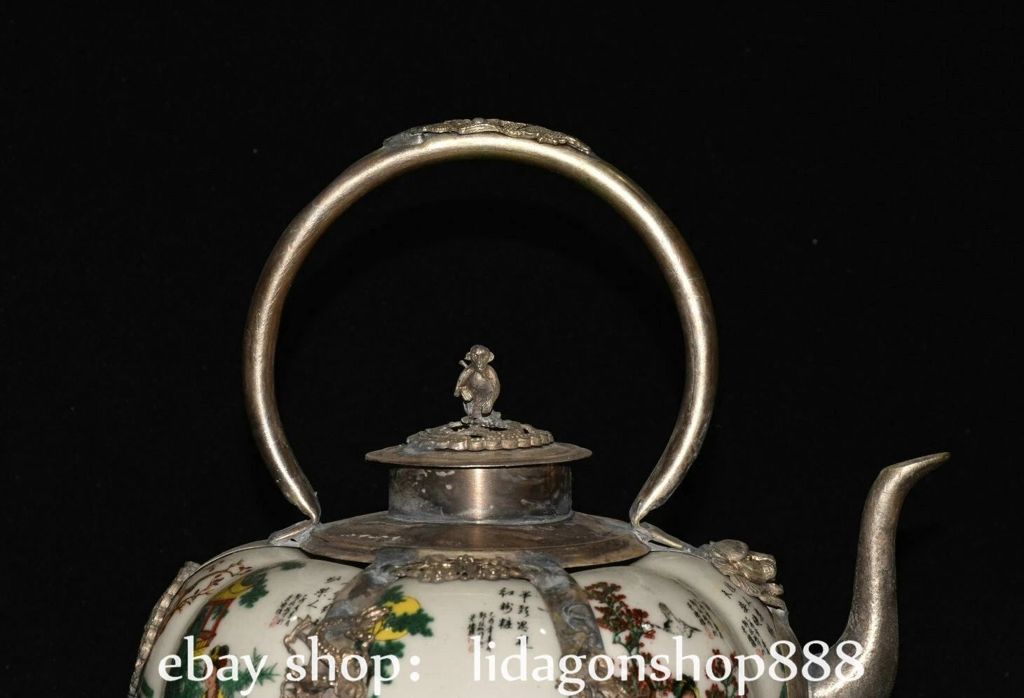 6.8" Old Chinese Silver Enamel Porcelain Beauty Belle Portable Kettle Teapot