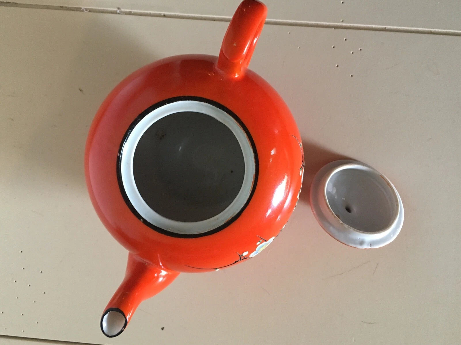 Vintage Bright Orange Enamel Floral Porcelain Japan Tea Pot Hand Painted