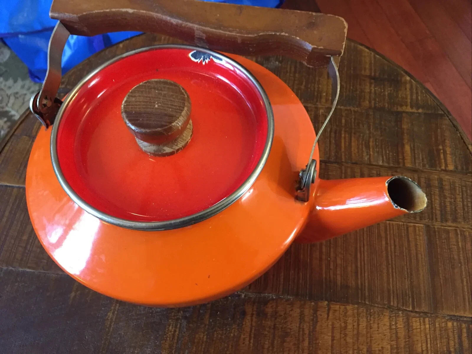 Vintage Mcm Enamel Teapot Mid Century Modern Orange
