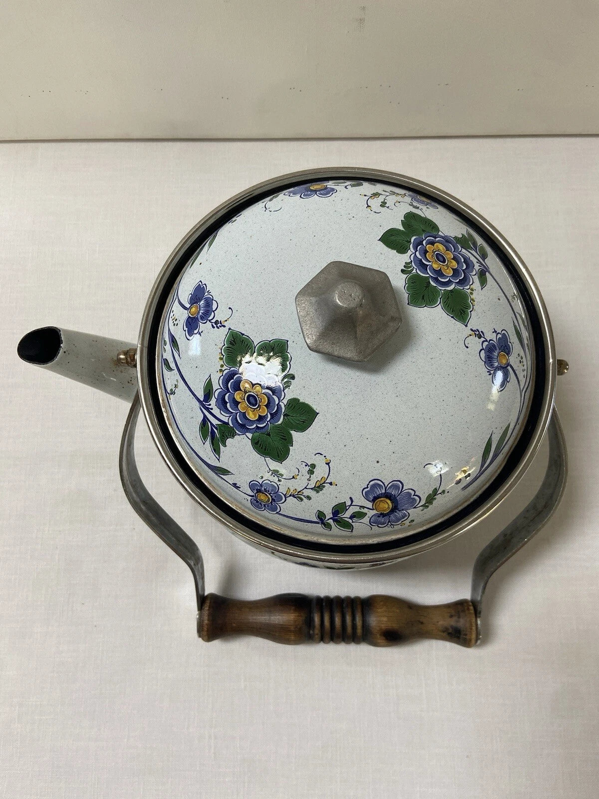 Vtg ASTA Enamel Cookware Tea Pot Kettle Wood Handle Blue Green Floral Speckled | eBay