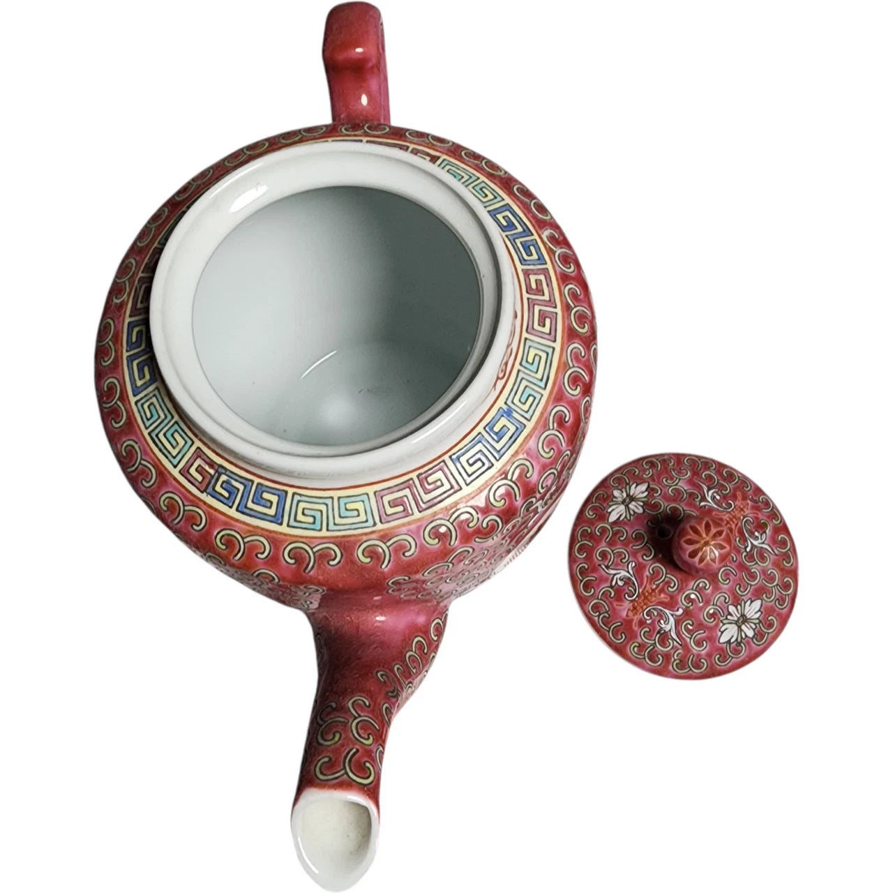 Vintage Chinese Porcelain Teapot Red & White Longevity Symbols Floral Lotus Desi