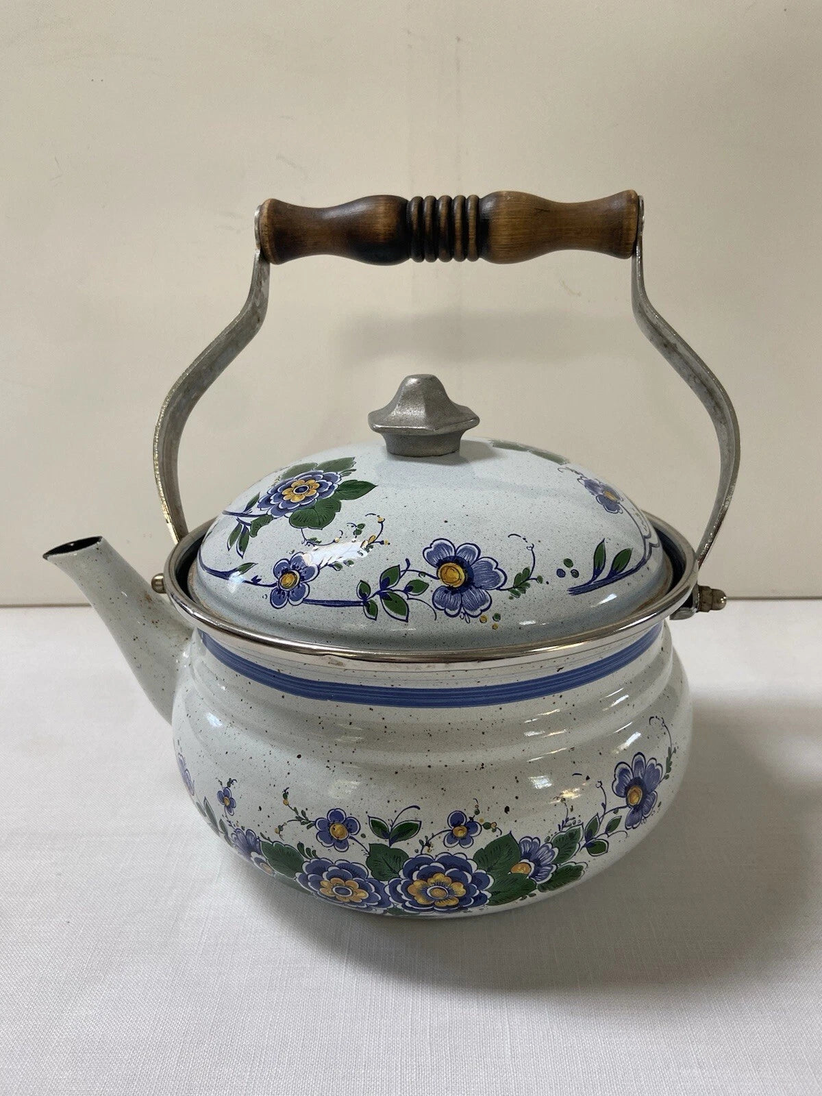 Vtg ASTA Enamel Cookware Tea Pot Kettle Wood Handle Blue Green Floral Speckled | eBay