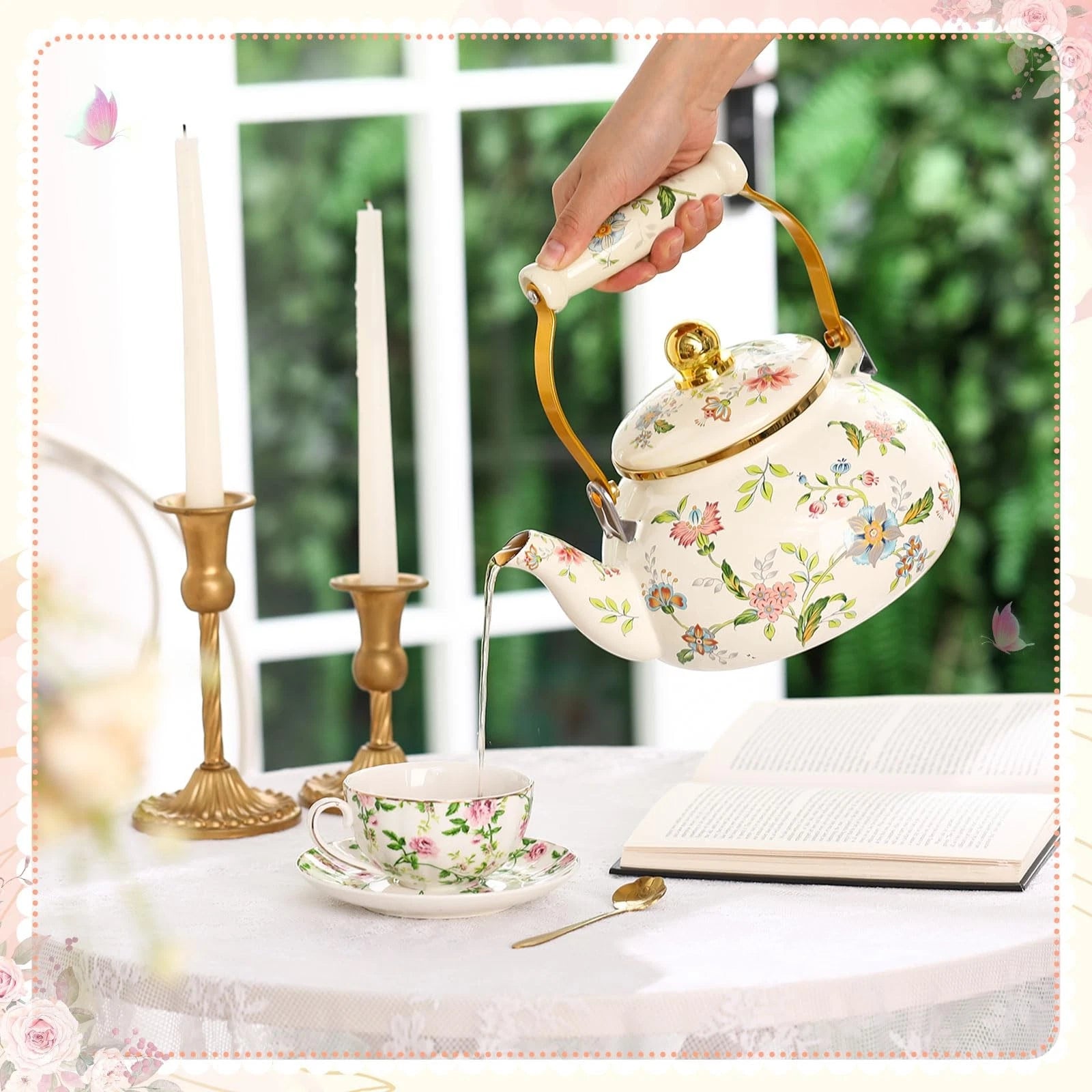 2.6 Quart Vintage Enamel Tea Kettle, Cups and Saucers Set with Spoon, Vintage...