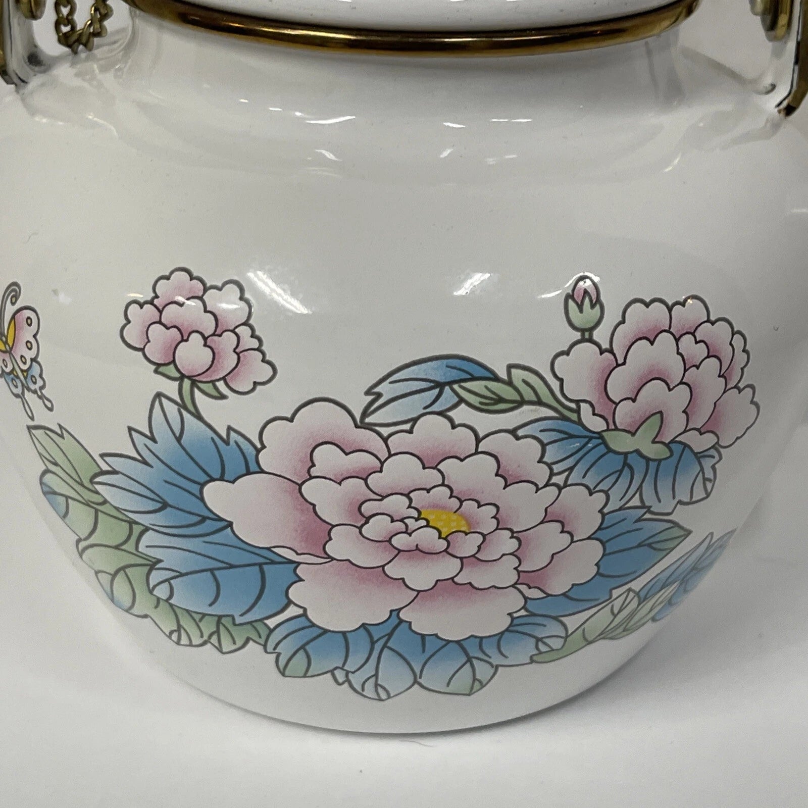 Vintage Tea Kettle Pot Enamel Porcelain Poppies National Housewares 1988 Brass