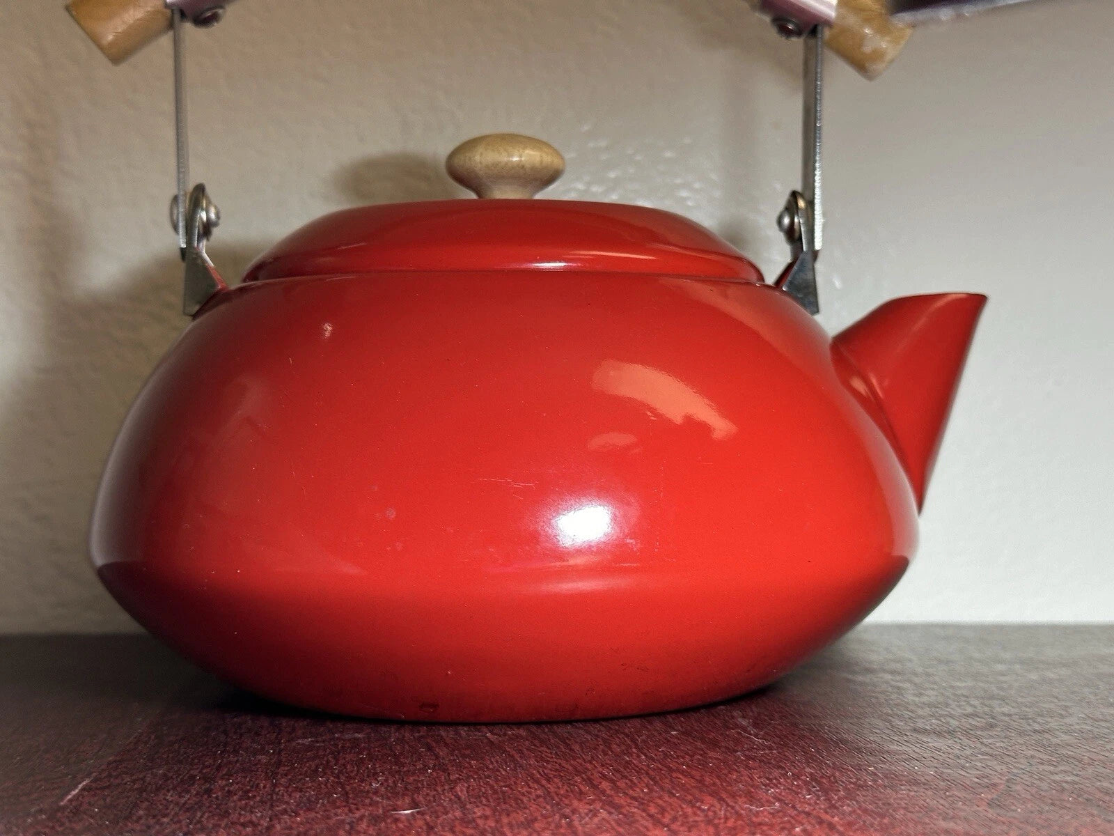 Vintage Mid Century Scandinavian Danish Red Enamel Tea Kettle Teapot Wood Handle