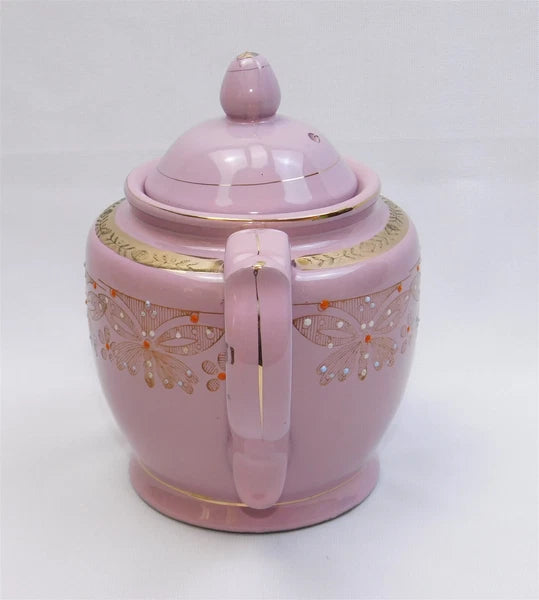 Vtg Pink Gold Glazed REDWARE Teapot Butterfly Enamel Moriage Hand Painted 7"