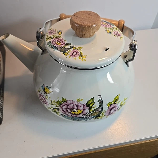Vtg Tea Kettle Porcelain Enamel On Steal Red Peacock Wood Handle Taiwan W/ Box