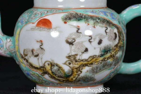 6.8" Jiagqing Marked Enamel Porcelain Pine Tree Crane Flower Pattern Wine Teapot