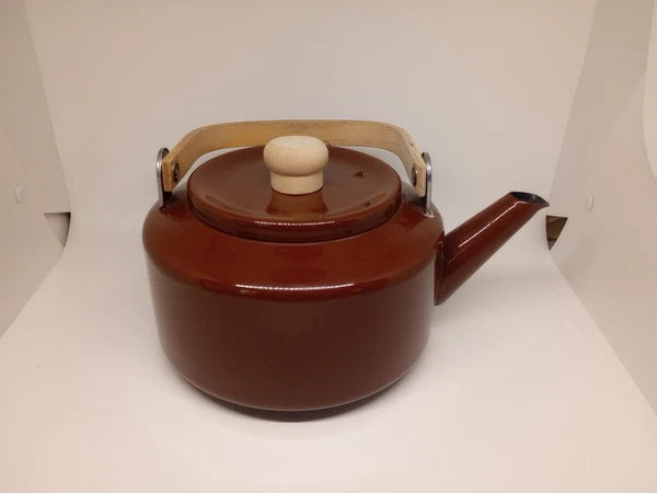 Vintage Brown Tea Pot Kettle Enamel Ware Metal Wood Handle