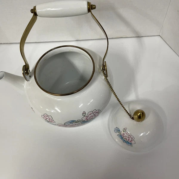 Vintage Tea Kettle Pot Enamel Porcelain Poppies National Housewares 1988 Brass