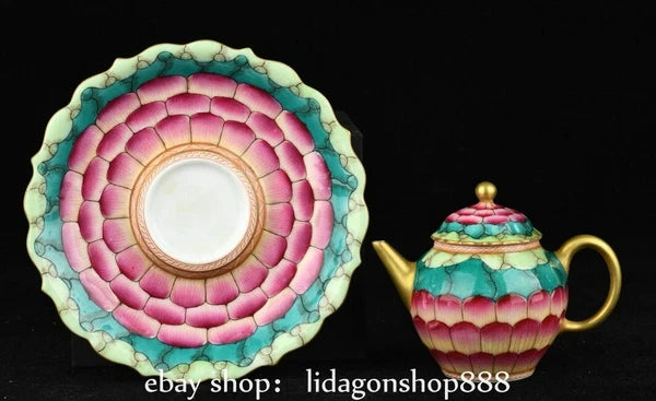 6.2" Qianlong Marked Enamel Porcelain Gilt Lotus Flower Pattern Teapot Plate Set
