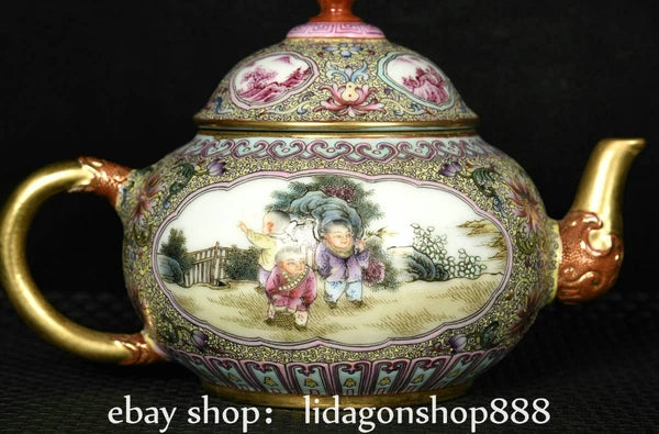 6.8"Qianlong Marked Enamel Porcelain Gilt Flower Human Child Pattern Wine Teapot