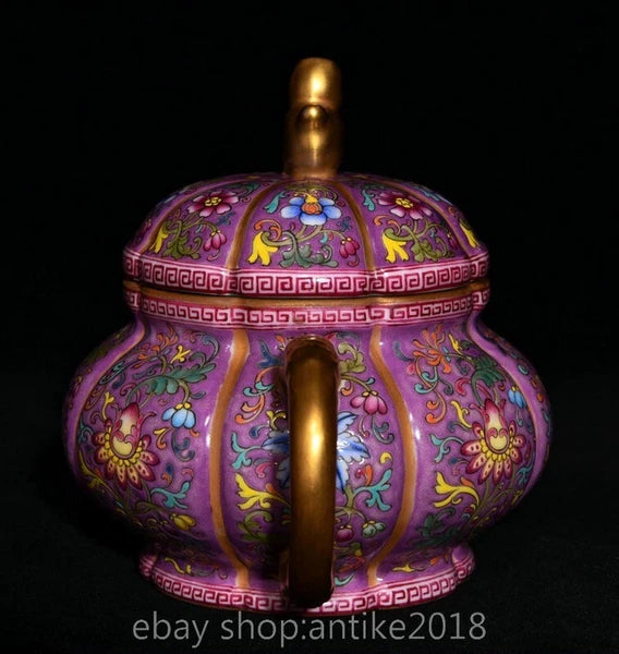 7.2 " Qianlong Marked China Colour Enamel Porcelain Gilt Dynasty Flower Teapot