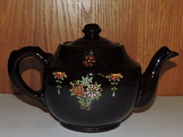Vintage Large  Moriage Enamel Redware Ceramic Tea Pot- Hand Painted Japan