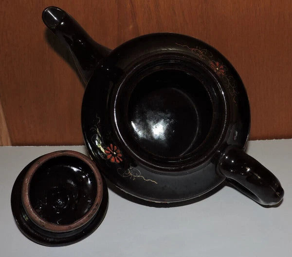 Vintage Large  Moriage Enamel Redware Ceramic Tea Pot- Hand Painted Japan