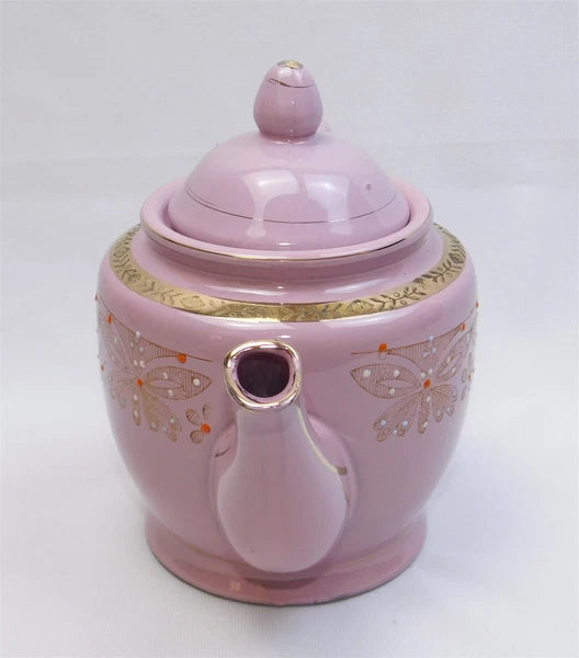 Vtg Pink Gold Glazed REDWARE Teapot Butterfly Enamel Moriage Hand Painted 7"