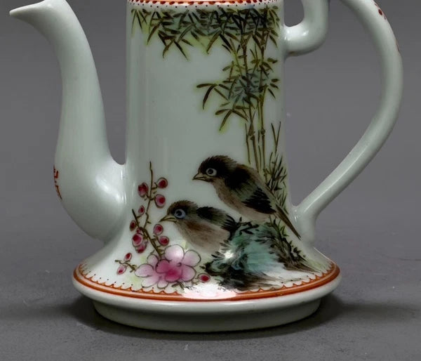 5.6" China Powder enamel porcelain flowers bird Teapot tea set tea maker statue