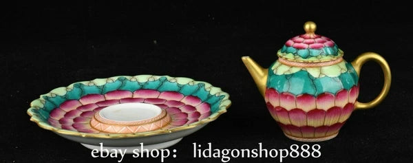 6.2" Qianlong Marked Enamel Porcelain Gilt Lotus Flower Pattern Teapot Plate Set