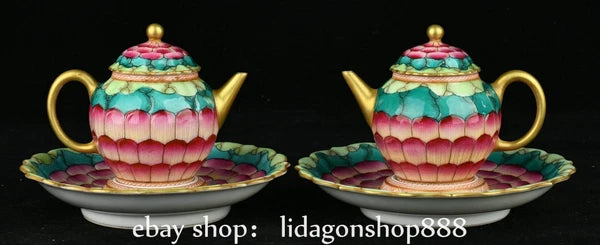 6.2" Qianlong Marked Enamel Porcelain Gilt Lotus Flower Pattern Teapot Plate Set