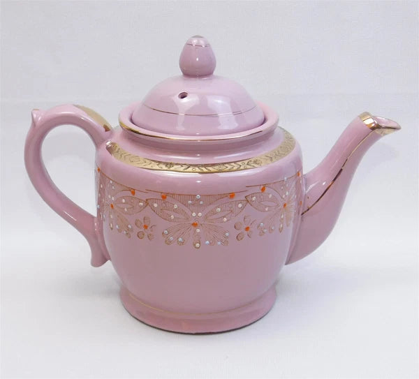 Vtg Pink Gold Glazed REDWARE Teapot Butterfly Enamel Moriage Hand Painted 7"