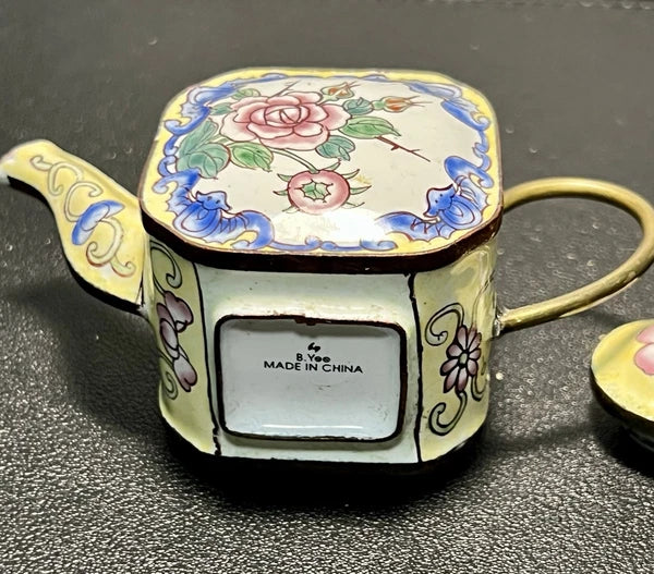 Chinemel 1990s B. Yee Miniature Teapot Copper & Painted Flowers, 3.75x3"
