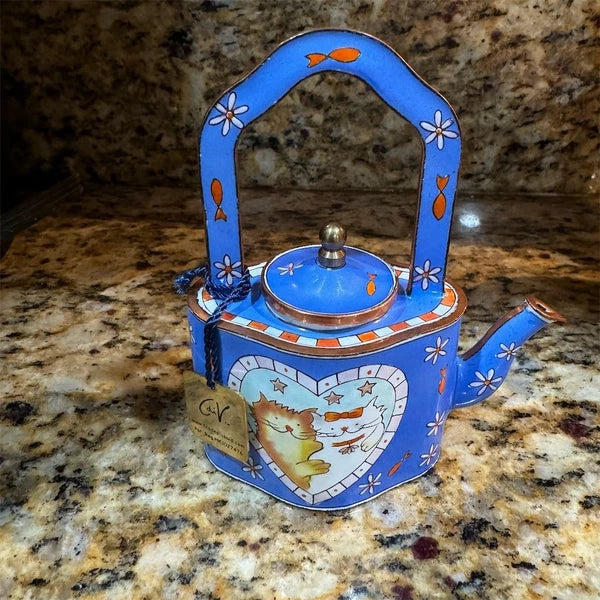 Collectible Enamel Teapot Heart & Couple Design Hand-Painted