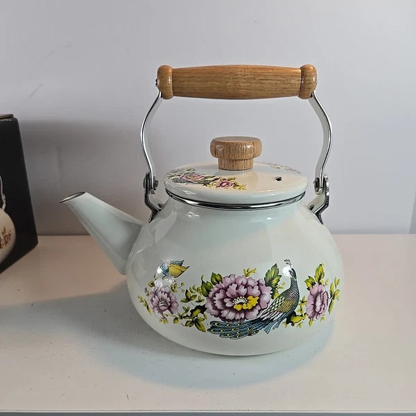 Vtg Tea Kettle Porcelain Enamel On Steal Red Peacock Wood Handle Taiwan W/ Box