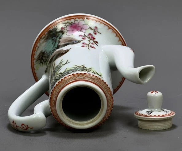 5.6" China Powder enamel porcelain flowers bird Teapot tea set tea maker statue